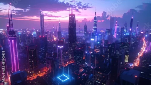 Futuristic Cityscape at Night with Neon Lights and Skyscrapers