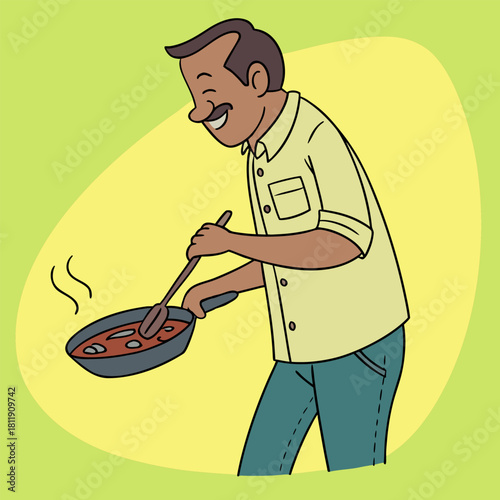 Man cooking food in pan