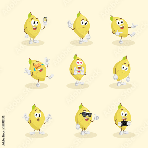 Bright Yellow Lemon Fruit Mascot Character Vector Set