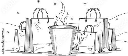 Hot coffee and shopping bags create a cozy winter holiday shopping scene 80