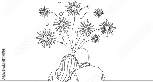 Couple watching fireworks in continuous line drawing style romantic celebration