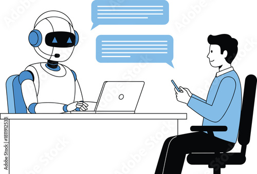 AI Chatbot Robot with Headset and Laptop Engaging in Professional Conversation with a Male User, Symbolizing Customer Support and Advanced Digital Service Vector.
