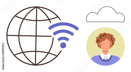 Globe with wireless signal, cloud, and user avatar representing global connection, internet access, and technology. Ideal for networking, communication, remote work, cloud computing data sharing