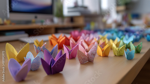 Rainbow colored origami heart with butterflies placed on office desk showing diversity