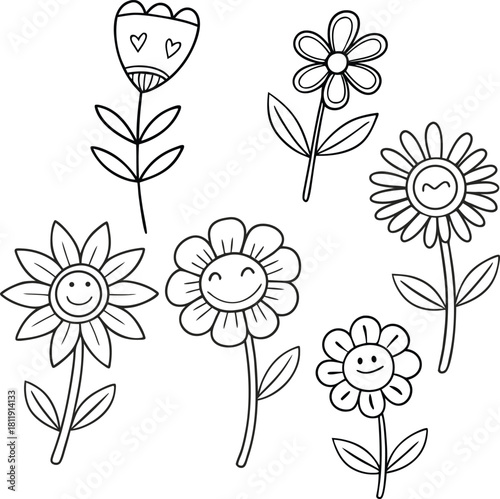 Collection of simple hand drawn cartoon flowers with smiling faces