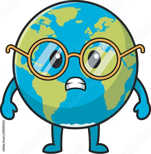 Nervous cartoon earth character wearing glasses with an anxious, worried, or angry expression. Great vector for concepts involving global issues, climate anxiety, environmental problems, or education.