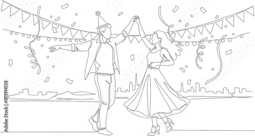 Continuous line drawing of couple dancing at a party with city background