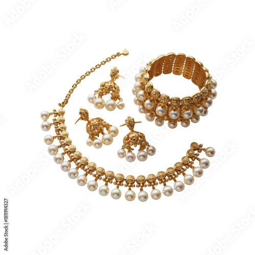 Elegant gold pearl jewelry set with necklace earrings and bracelet isolated on transparent background