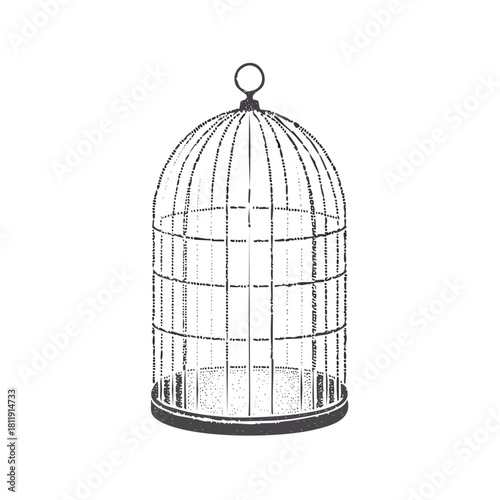 An empty birdcage illustration with intricate metalwork and a domed top hanging from a ring