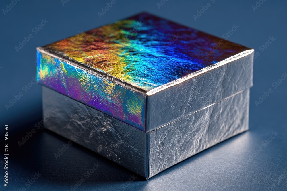 Obraz premium Shimmering gift box with colorful iridescent lid on smooth blue