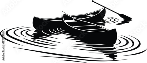 Calm lake scene featuring two wooden canoes floating on gentle rippling water, peaceful outdoor adventure concept with minimalist black silhouette design