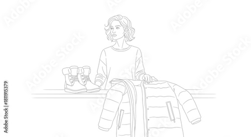 Woman with winter coat and boots preparing for cold weather adventures outside