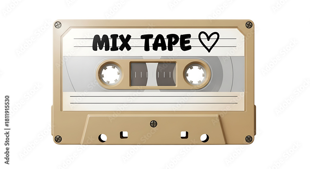 Obraz premium Beige vintage audio cassette tape with mix tape label isolated on transparent background, perfect for retro music, nostalgia, and mixtape themed designs