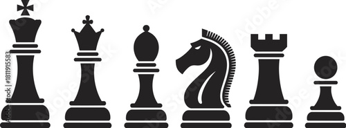 Classic black chess pieces silhouette illustration featuring king queen bishop knight rook and pawn icons for strategy game design concepts