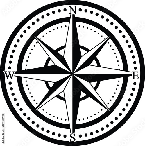 Detailed vintage compass rose illustration with directional points symbolizing navigation guidance exploration travel map design in black and white style