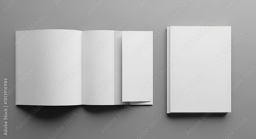 Naklejka premium Mockup of blank white brochure, booklet, and book on a neutral grey background, perfect for showcasing design and branding projects
