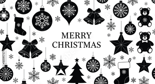 Festive Christmas background with hanging ornaments, snowflakes, stars, bells, stockings, and holiday decorations creating cheerful seasonal celebration atmosphere