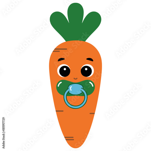 A cartoon carrot character wearing a pacifier