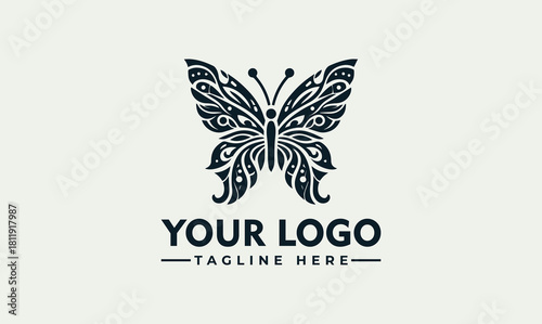 Elegant ornate butterfly vector logo template illustration with intricate decorative patterns for branding and and creative graphic design projects