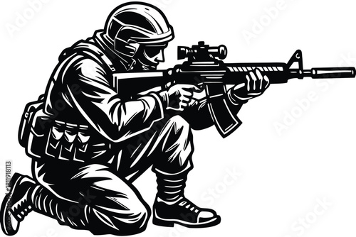 Soldier aiming rifle in crouched position silhouette