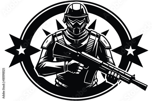 Modern soldier silhouette with rifle and stars emblem