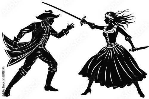 Man and woman sword fighting silhouette