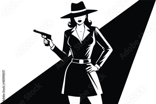 Retro woman with gun silhouette in dramatic lighting
