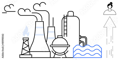 Factory structures emitting gases, cooling towers, water elements, person icon with upward arrow. Ideal for energy, industry, environment, pollution sustainability growth transformation. Simple