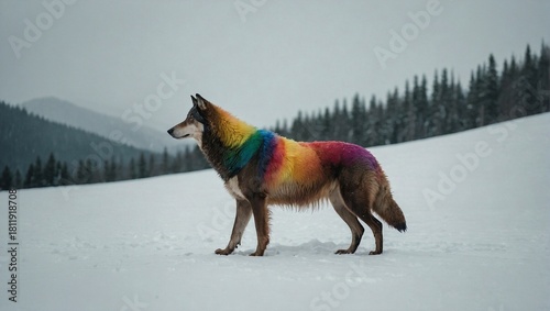 A wolf with rainbow-coloresd fur in a winter scenery.