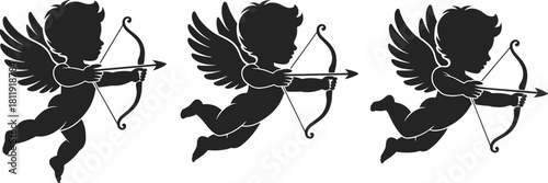 Silhouette illustration of three flying cupids holding bows and arrows symbolizing love romance Valentine’s Day decoration design elements, vector artwork