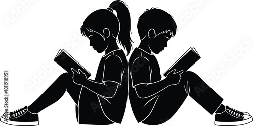 Silhouette illustration of two children sitting back to back reading books, representing education, learning, childhood development, literacy, and student studying concepts