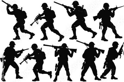 Collection of soldier silhouettes in action poses with rifles silhouette