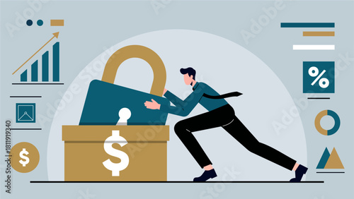 Dynamic Business Professional Locking a Savings Box with Giant Padlock in Modern Flat Design