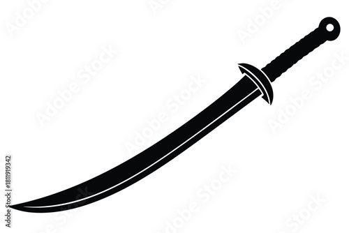 Black silhouette of a curved sword with a ring pommel