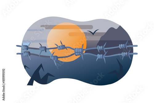 A section of rusty barbed wire catches the soft glow of light in the twilight. The background is shrouded in shadows and mist, creating a mysterious atmosphere that evokes feelings of tension and.