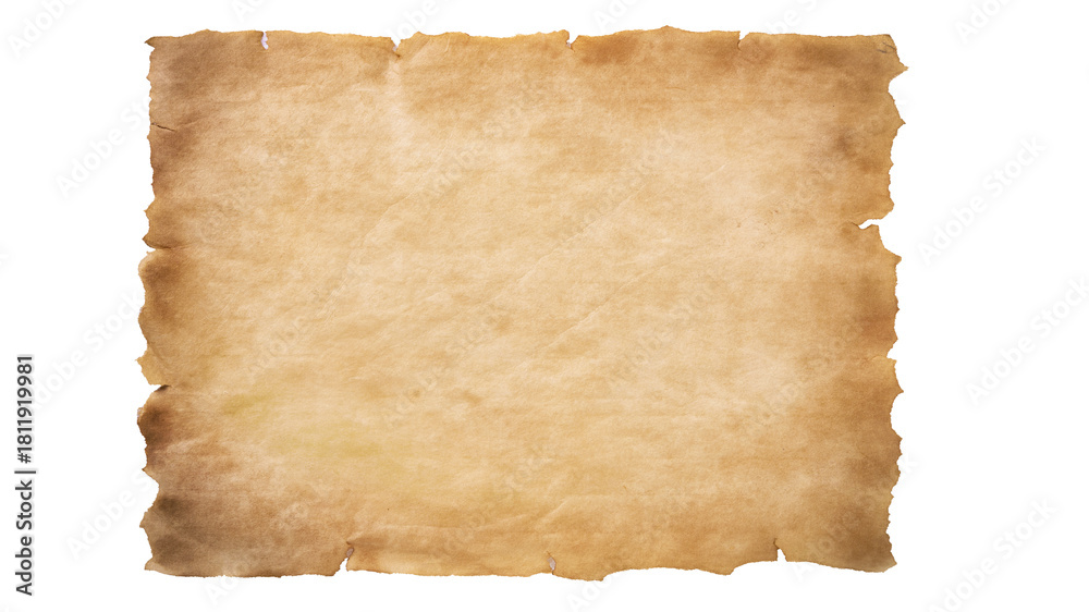 Obraz premium Dark Burnt Edge Parchment Paper Texture Isolated on Transparent Background Antique Blank Scroll for Treasure Map