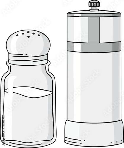 An illustration of a salt shaker and a pepper grinder, side by side.