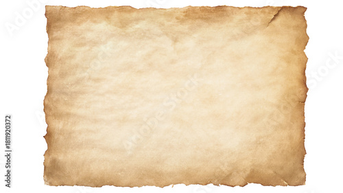 Isolated Old Vintage Aged Parchment Paper Texture with Rough Burnt Edges and Copy Space on Transparent Background