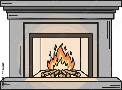 A detailed illustration of a fireplace with burning flames and logs inside the hearth.