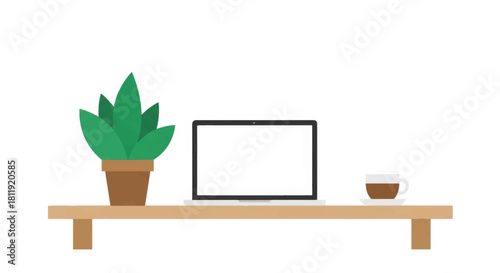 Minimalist home office workspace with laptop and plant. Flat design vector illustration of desk setup. Remote work concept isolated on white