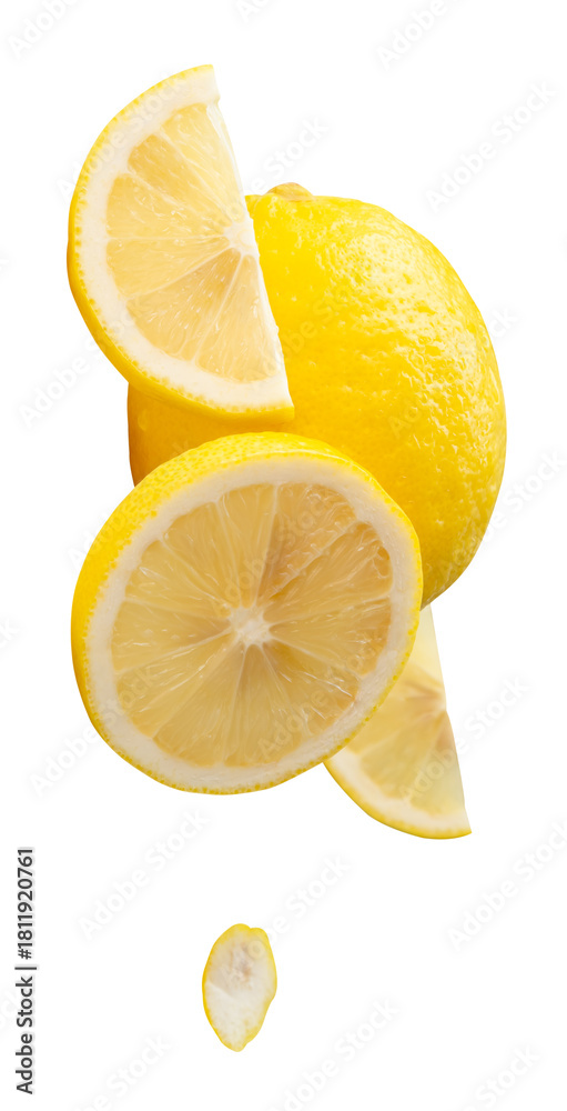 Fototapeta premium Front view set of ripe yellow lemon fruit with slices in circle and quarters shape and peel in stack isolated on white background with clipping path