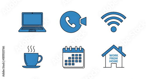 Work from home icon set with laptop and coffee. Remote work and freelance symbols in hand drawn style. Blue vector illustration isolated on white