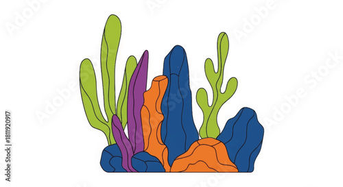 Colorful alien plants and coral reef elements. Flat design vector illustration of organic forms. Abstract nature graphic isolated on white background