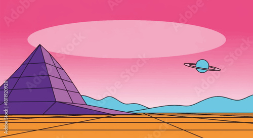 Retro futuristic landscape with pyramid and grid. Synthwave vector illustration background. 80s style neon space scene