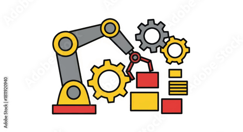 Industrial robotic arm and gears. Factory automation and manufacturing concept. Flat design vector illustration