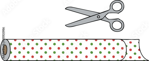 A pair of silver scissors ready to cut a roll of festive red and green polka dot wrapping paper on a white background.