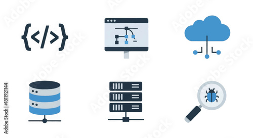 Web development and programming icon set. Flat design vector symbols for coding, cloud computing, and database management. Technology illustration isolated on white background