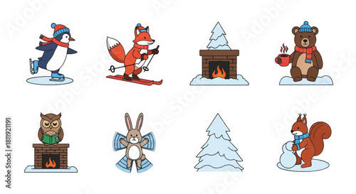 Winter animal activities icon set. Cartoon characters skiing skating and playing in snow. Flat design vector illustration