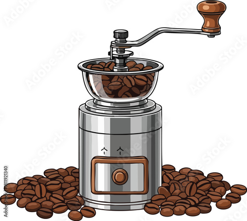 A manual stainless steel coffee grinder with a wooden handle, filled with and surrounded by roasted coffee beans.