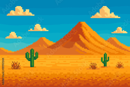 Nostalgic 8-bit desert landscape under a clear sky, perfect for retro game design, pixel art projects, or vintage tech vibes in your creative designs